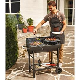 Outsunny - Barbecue à charbon - BBQ grill sur pied avec couvercle,  roulettes - 3 étagères, 3 crochets, 3 ustensiles, 2 grilles, cuve charbon  amovible - bois acier émaillé noir