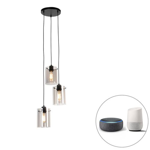 Qazqa Design Smart Hanglamp Zwart Met Smoke Glas Incl. 3 Wifi St64 - Dome Verre /Acier Noir Oblongue / Luminaire / Lumiere / Éclairage / Intérieur / Salon / Cuisine E27 Max. 3 X 7 Watt