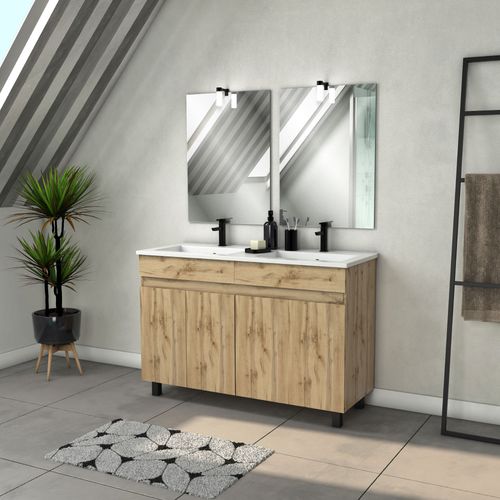 Meuble Salle De Bains 120cm 4 Portes Chêne Industriel + Vasque Blanche Et Miroirs Avec Appliques Led
