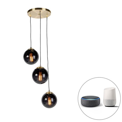 Qazqa Art Deco Lampe Suspendue Intelligente En Laiton Avec Verre Noir Avec 3 Wifi St64 - Pallon /Acier Noir,Doré Globe /Oblongue / Luminaire / Lumiere / Éclairage / Intérieur / Salon /...