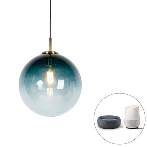 Qazqa Art Deco Smart Hanglamp Messing Met Oceaanblauw Glas 33 Cm Incl. Wifi St64 - Pallon Verre /Acier Bleu,Doré Globe /Oblongue / Luminaire / Lumiere / Éclairage / Intérieur / Salon /...