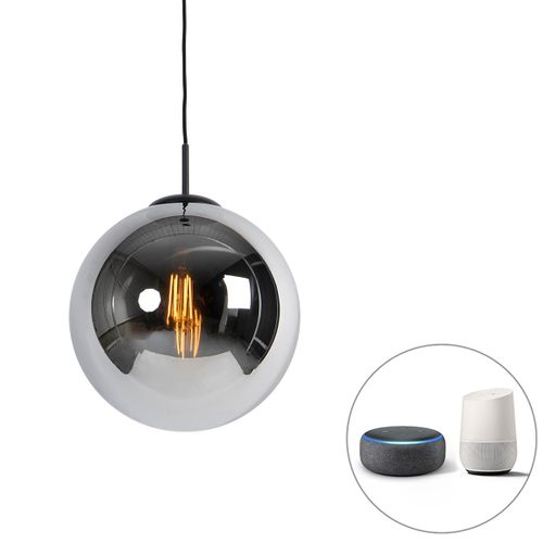 Qazqa Art Deco Suspension / Lustre / Luminaire / Lumiere / Éclairage Intelligente Noire Avec Verre Fumé 33 Cm Avec Wifi St64 - Pallon /Acier Chrome,Noir Globe /Oblongue / Intérieur / Salon /...