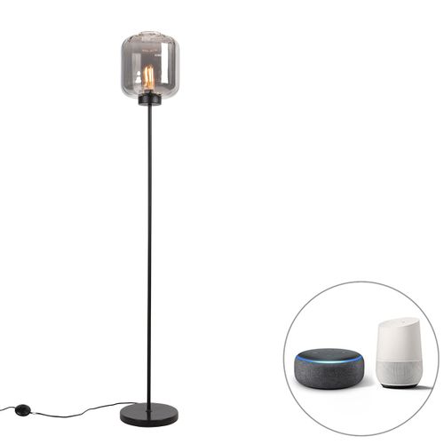 Qazqa Design Lampadaire / Lampe De Sol / Lampe Sur Pied / Luminaire / Lumiere / Éclairage Intelligent Noir Avec Verre Fumé Avec Wifi St64 - Qara /Acier Noir Oblongue / Intérieur / Salon E27...