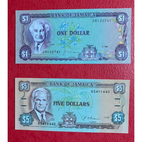 Jamaîque : 2 Billets (1 & 5 Dollars - 1990/91 - Neufs)