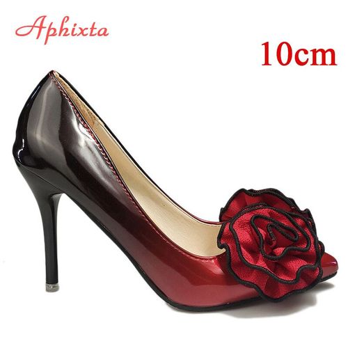 Aphfête Ta-Chaussures À Talons Fins En Cuir Verni Pour Femme,Super Hauts,Fleurs Roses,Grande Taille 48,