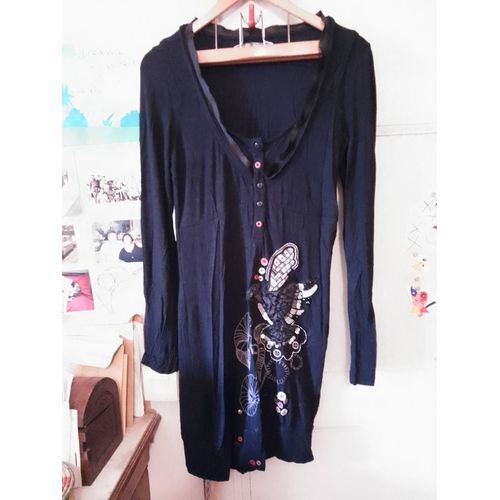 Robe Noire Motifs Gris/Blanc+Oiseau Noir 42 Xl Desigual.