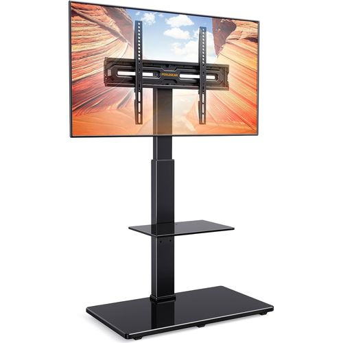 Support TV au sol pour téléviseurs 30-70 pouces jusqu'à 50 kg avec inclinaison, support tv sur pied avec pivotement à 80 degrés, étagère ajustable supportant jusqu'à 10kg, Max VESA 600x400mm