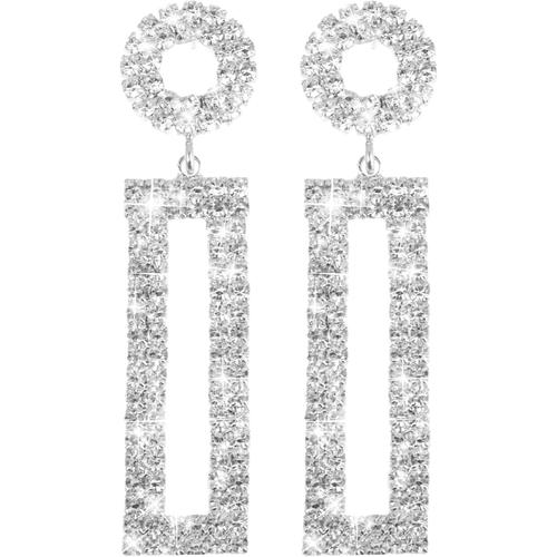 Longues Boucles D'oreilles Pendantes En Strass Rectangulaires Avec Clous Ronds - Bijoux Tendance Pour Bal De Fin D'année, Mariage, Cadeau Étincelant Et Sexy