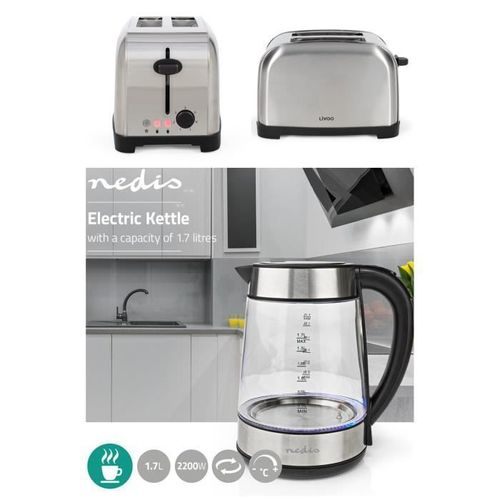 Bouilloire Inox en Verre 1,7L Sans Fil 2200W + Grille-pain Inox 2 Fentes 850W 3 fonctions avec témoins LED