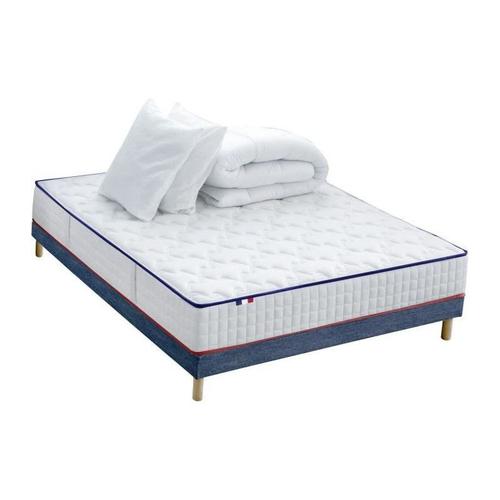 Confort Design Pack Complet Matelas 594 Ressorts + Sommier Bleu Denim + Couette + 2 Oreillers 140x190cm Chantilly