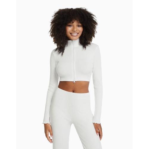 Gilet Cropped Col Montant Fermeture Éclair Femme S Blanc Cassé