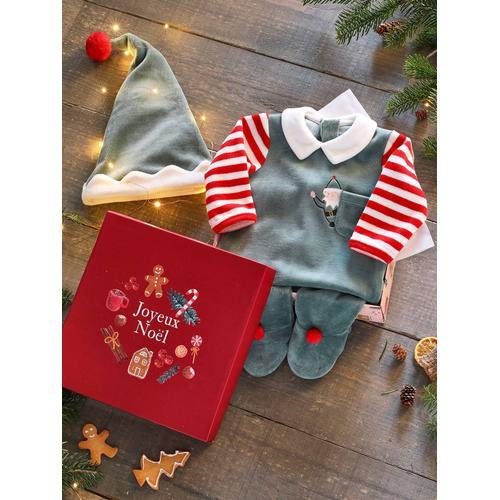 Coffret cadeau de Noël bébé mixte pyjama + bonnet Joyeux Lutin vert sapin