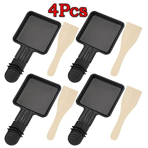 Raclette Poêlons 4 Pièces Revêtement Antiadhésif Mini Raclette Set avec 4 Pelle en bois Portable Plateau de cuisson pour Fromage Fondu Oeuf Frit