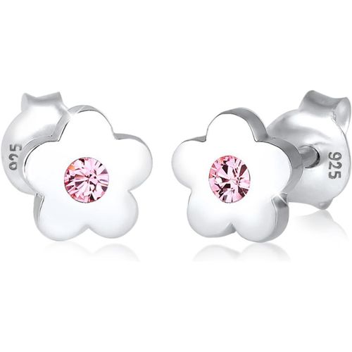 Boucles D'oreilles Enfants Clous D'oreilles Fleur Symbole Avec Cristal Rose En Argent Sterling 925