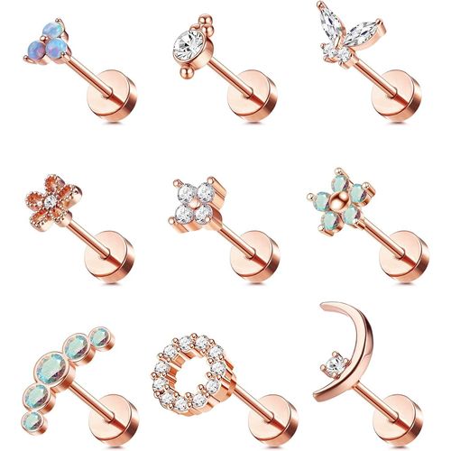 Boucle D'oreille Cartilage 16g Pour Femme Boucles D'oreilles À Dos Plat À Vis En Acier Inoxydable 316l Papillon Lune Fleur Opale Cartilage Tragus Daith Helix Boucles D'oreilles Piercing