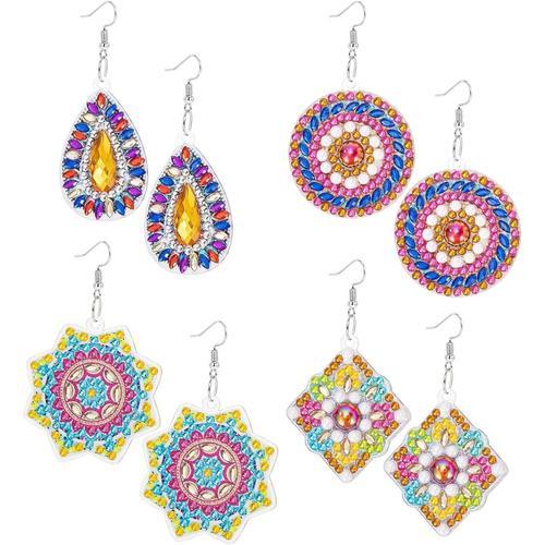 4 Paires Boucles D'oreilles De Peinture Diamant, Boucles D'oreilles Mandala Diamant 5d, Kit De Fabrication De Boucles D'oreilles, Boucles D'oreilles Pendantes Boho Vintage Pour Femmes Filles