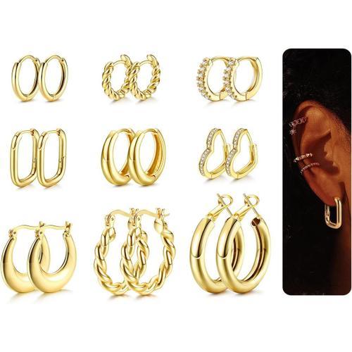 9 Paires Boucles D'oreilles Femme Plaquées ¿¿ ¿¿¿ Creoles Or Femme Epaisses Hypoallergénique Boucles D'oreilles Grosses Créoles Boucles D'oreille Lot Boucles D'oreilles Femme Or