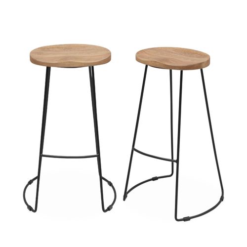 Lot De 2 Tabourets De Bar Bois De Manguier Naturel Et Acier. Avec Repose Pieds. 75cm