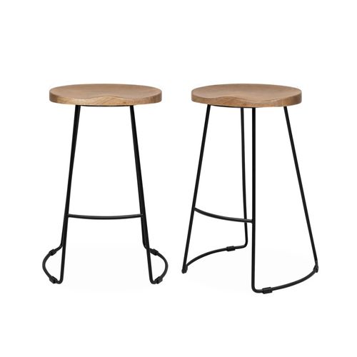 Lot De 2 Tabourets De Bars Bois De Manguier Naturel Et Acier. Avec Repose Pieds. 65cm