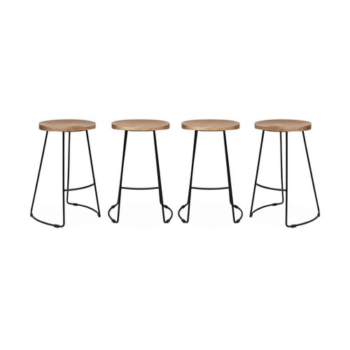 Lot De 4 Tabourets De Bars Bois De Manguier Naturel Et Acier. Avec Repose Pieds. 65cm