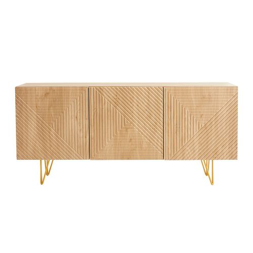 Buffet Design Gravé Finition Bois Clair Chêne Et Métal Doré 3 Portes L160 Cm Ozen