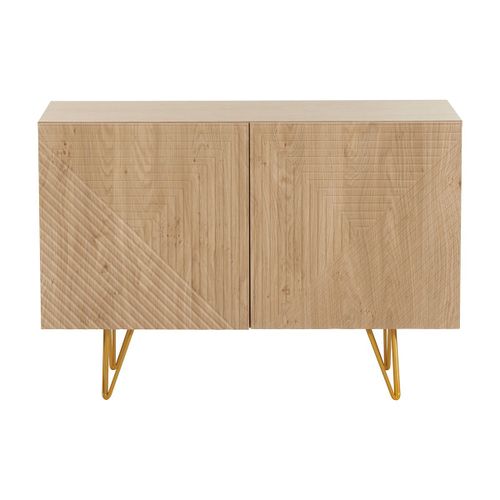 Buffet Design Gravé Finition Bois Clair Chêne Et Métal Doré 2 Portes L107 Cm Ozen