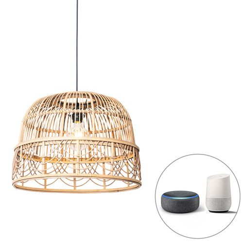 Qazqa Oriental Lampe Suspendue Intelligente En Rotin 44 Cm Avec Wifi G95 - Michelle /Acier Marron Rond / Luminaire / Lumiere / Éclairage / Intérieur / Salon / Cuisine E27 Max. 1 X 7 Watt