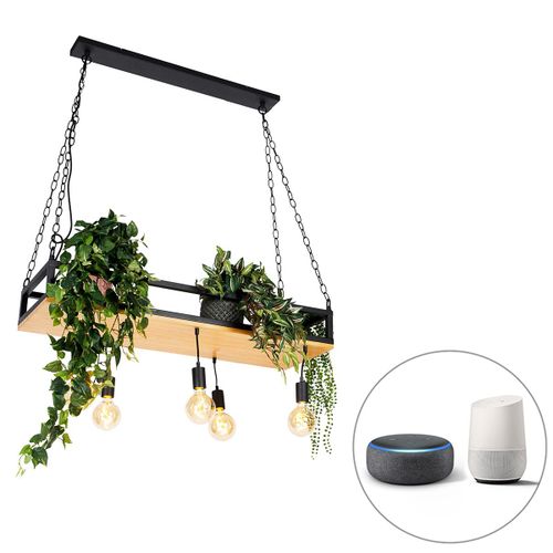 Qazqa Industriel Lampe Suspendue Intelligente Noire Avec Bois, Y Compris 5 Wifi G95 - Étagère /Acier Noir,Marron Rectangulaire /Oblongue / Luminaire / Lumiere / Éclairage / Intérieur / Salon...
