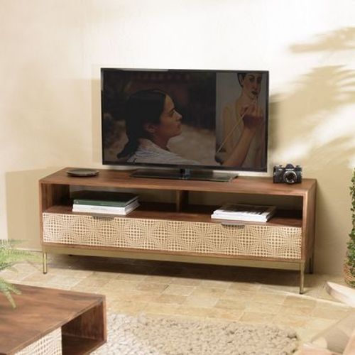 Meuble Tv 140x40x51 Cm En Manguier Marron Et Doré - Heloiz