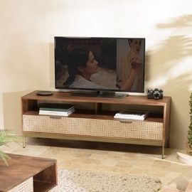 Meuble Tv 140x40x51 Cm En Manguier Marron Et Doré - Heloiz