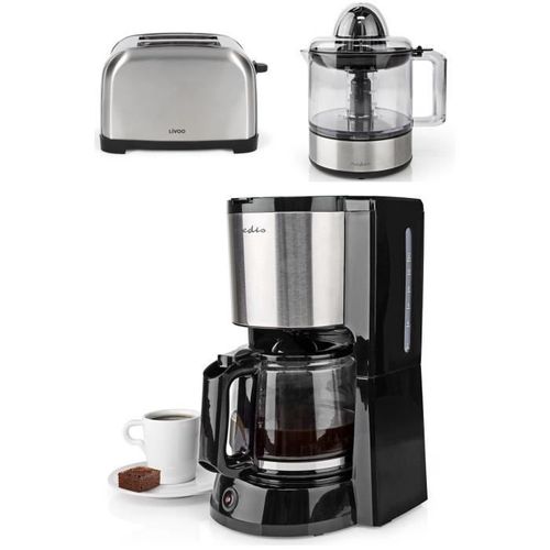 Cafetière Machine À Café Inox 1.5l 12 Tasses 1000w + Grille-Pain Inox 2 Fentes 850w 3 Fonctions - Livoo