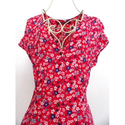 Robe D'été Courte Liberty Imprimée Fleurs Rose Rouge Bleu - Forme Ballon, Vol À Volant, Manches Courtes, 100% Viscose Comptoir Des Cotonniers Neuve