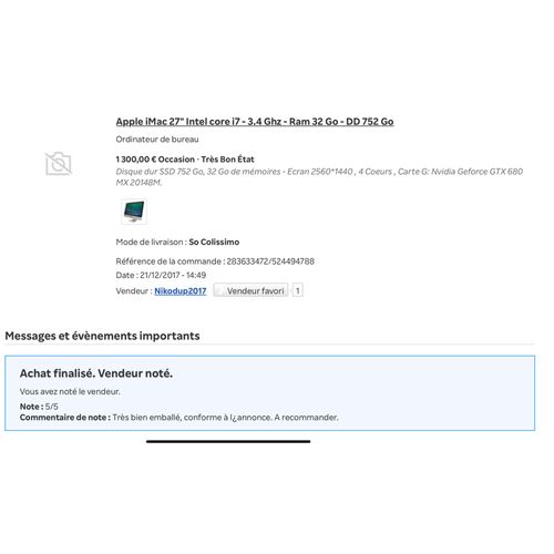 Apple iMac 27" Intel Core i7 - Ram 32 Go - SSD 782 Go