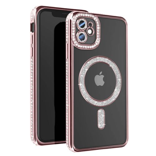 Coque Diamant Pour Iphone 11 Protection Magsafe Contour Strass Rose Champagne