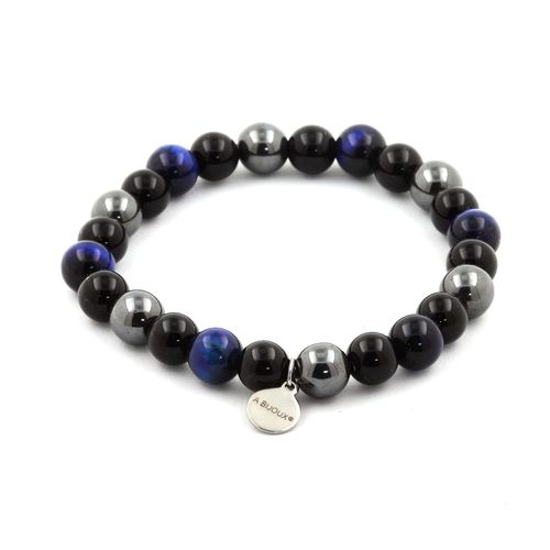 Bracelet Perles Oeil De Tigre Bleu + Hématite + Agate Noire 8 Mm. Fabriqué En France.