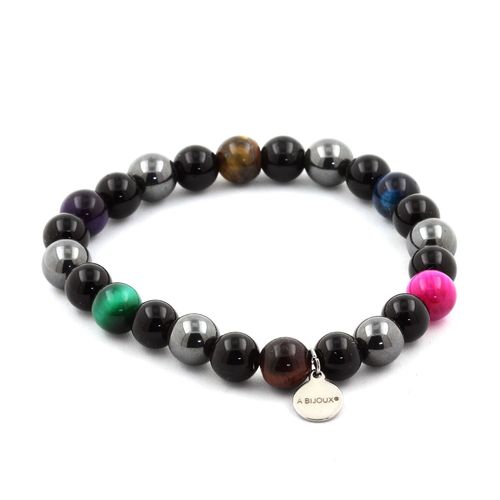Bracelet Perles Oeil De Tigre Multicolore + Hématite + Agate Noire 8 Fabriqué En France.