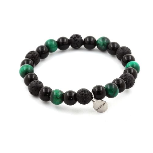 Bracelet Perles Oeil De Tigre Vert + Lave + Agate Noire 8 Mm. Fabriqué En France.