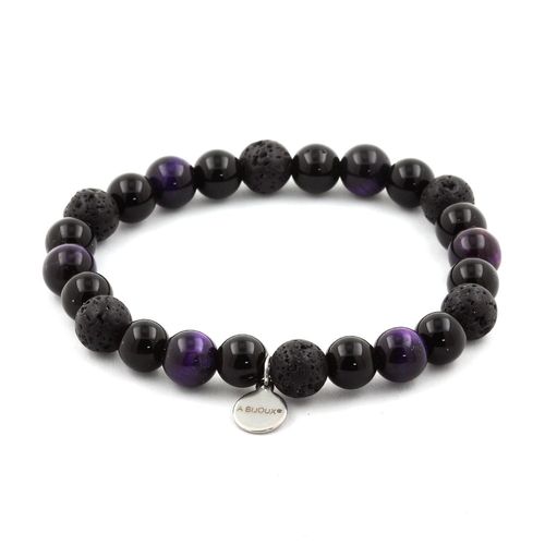 Bracelet Perles Oeil De Tigre Violet + Lave + Agate Noire 8 Mm. Fabriqué En France.