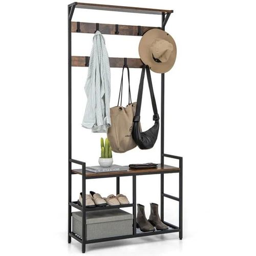Porte-Manteau 3 En 1 De 180 Cm Avec Banc À Chaussures, Rangement Pour Chaussures Et 9 Crochets Amovibles, Étagère Style Industriel A