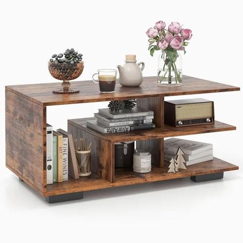 Table Basse À 3 Niveaux Avec Rangement Costway, Etagère Centrale En L, Pour Salon Bureau Chambre, 90 X 50 X 42 Cm, Marron Rustique