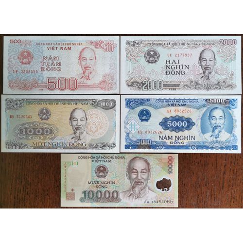 Lot 5 Billets Unc Vietnam De 500 À 10.000 Dong 1988 À 2018 (10000 En Polymer)