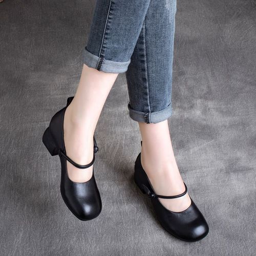 Chaussures À Talons Épais Pour Femmes,Escarpins Noirs À Bout Rond,Avec Boucle,Faites À La Main,Vintage,Printemps Automne - 39