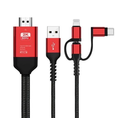 B-3 en 1 - Adaptateur de convertisseur vidéo HDTV, câble Compatible HDMI 2K 60Hz, câble Micro USB Type C pour IPhone Android, écran de téléphone à moniteur TV