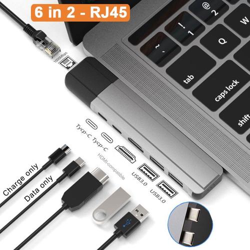 6 en 2 - Modèle RJ45 - Adaptateur Hub double USB C, Thunderbolt 3 Dock avec HDMI 4K, Gigabit Ethernet Rj45 1000M TF/SD lecteur 100W PD pour MacBook Pro/Air M1