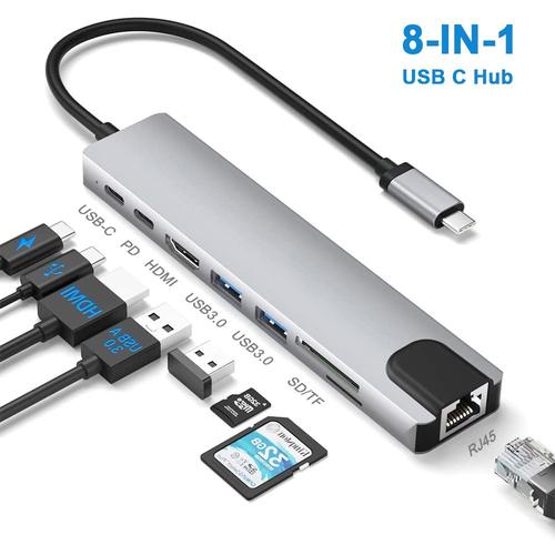 Modèle RJ45 8 en 1 - Adaptateur Hub USB C avec 1000M RJ45 Ethernet VGA 4K HDMI double moniteur PD 3.0 lecteur de carte de charge Audio Mic pour MacBook Pro/Air