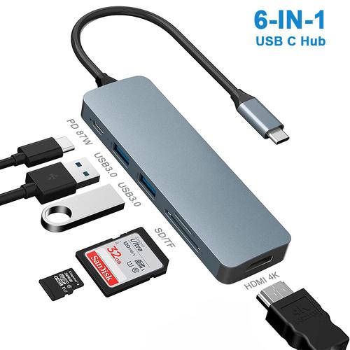 Modèle HDMI 6 en 1 - Adaptateur Hub USB C avec 1000M RJ45 Ethernet VGA 4K HDMI double moniteur PD 3.0 lecteur de carte de charge Audio Mic pour MacBook Pro/Air