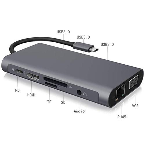 Modèle VGA 10 en 1 - Adaptateur Hub USB C avec 1000M RJ45 Ethernet VGA 4K HDMI double moniteur PD 3.0 lecteur de carte de charge Audio Mic pour MacBook Pro/Air