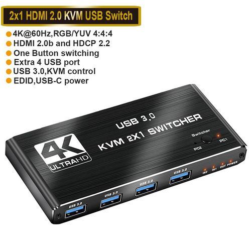 ZY-AK2 - commutateur KVM 4K 60Hz, 2 ports, double moniteur, compatible HDMI, USB 3.0, 1080P, avec Port USB 3.0