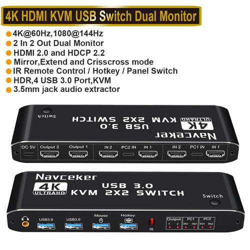 ZY-AK3 - commutateur KVM 4K 60Hz, 2 ports, double moniteur, compatible HDMI, USB 3.0, 1080P, avec Port USB 3.0