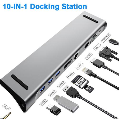 Modèle 10 EN 1 1000M - Hub 10 en 1, USB C vers HDMI, VGA, PD, Thunderbolt 3 Gigabit Ethernet RJ45, Audio SD/TF, pour MacBook Pro, Station'accueil